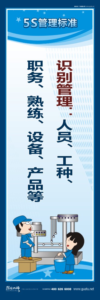 關于5s的標語 識別管理：人員、工種、職務、熟練、設備、產(chǎn)品等