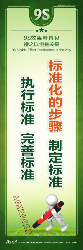 9S標(biāo)準(zhǔn)化的步驟：制定標(biāo)準(zhǔn)、執(zhí)行標(biāo)準(zhǔn)、完善標(biāo)準(zhǔn)